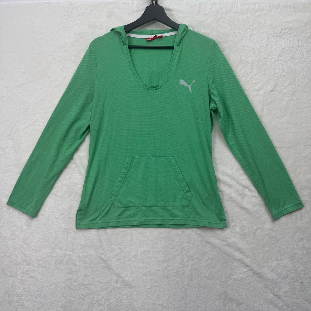 Puma Hoodie Womens XL Green Striped Scoop Neck Long Sleeve Kangaroo Pocket Logo‎